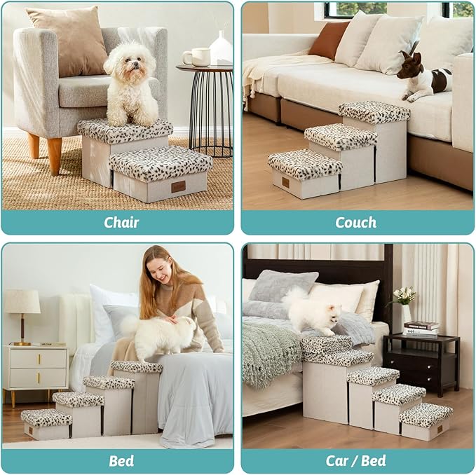 Dog Stair for Small Dogs with Storage, Foldable Pet Stairs for Medium or Puppy Dogs and Older Cats, Dog Steps for Bed or Couch with Soft Cover, 19.7x13x9.6 inch, 2 Tiers, Leopard-PurrikoPets