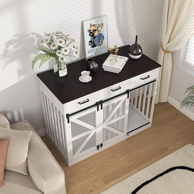 48'' Dog Crate Furniture with Divider&Storage Drawers, Wooden Double Dog Kennel Furniture End Table with Sliding Barn Doors, White Double Dog Crate TV Stand-PurrikoPets