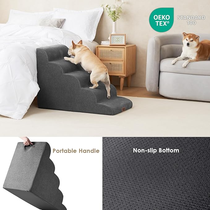 EHEYCIGA Curved Dog Stairs Ramp for High Beds, 5-Step Extra Wide Dog Steps for Small Dogs and Cats, Pet Stairs for High Bed Climbing, Non-Slip Balanced Pet Step Indoor, Grey-PurrikoPets