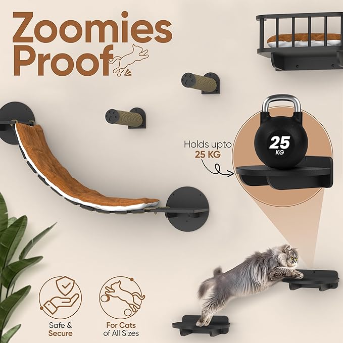 FURRY VIBES Cat Wall Shelves & Perches – 7-in-1 Cat Wall Furniture Set with Bed, Climbing Steps, Scratcher & Bridge Ladder – Black Bamboo Wall Cat Shelf for Indoor Cats-PurrikoPets