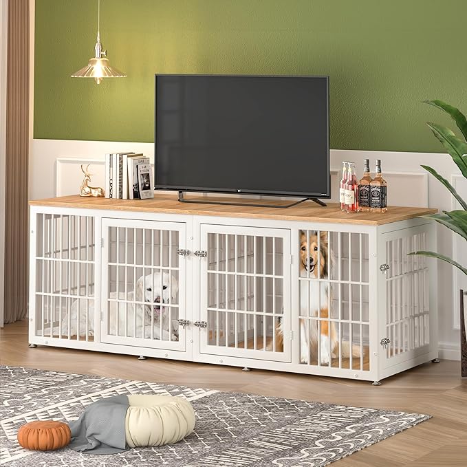 78 Inch Double Dog Crate Furniture, Heavy Duty Extra Large Cage Furniture with Divider for 2 Dogs, Decorative Wooden Kennel Furniture Indoor, Pet House for Large and Medium Dogs, White-PurrikoPets