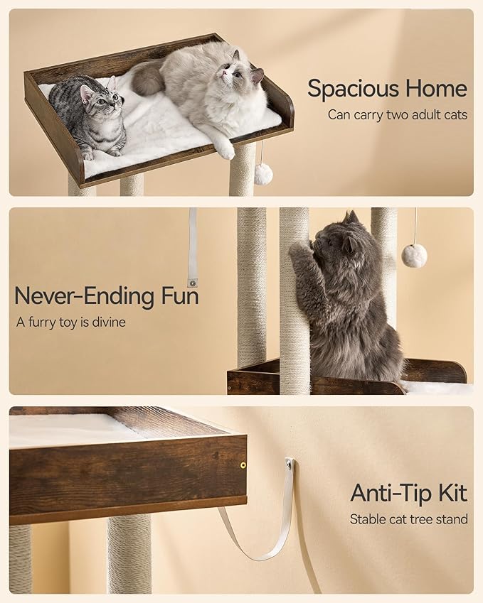 FourFurPets 43.7" Cat Tree, Modern Cat Tree Tower, Cat Tower for Indoor Cats Large Adult, Cat Condo with Scratching Post, Large Perch and Removable Pads,Rustic Brown-PurrikoPets