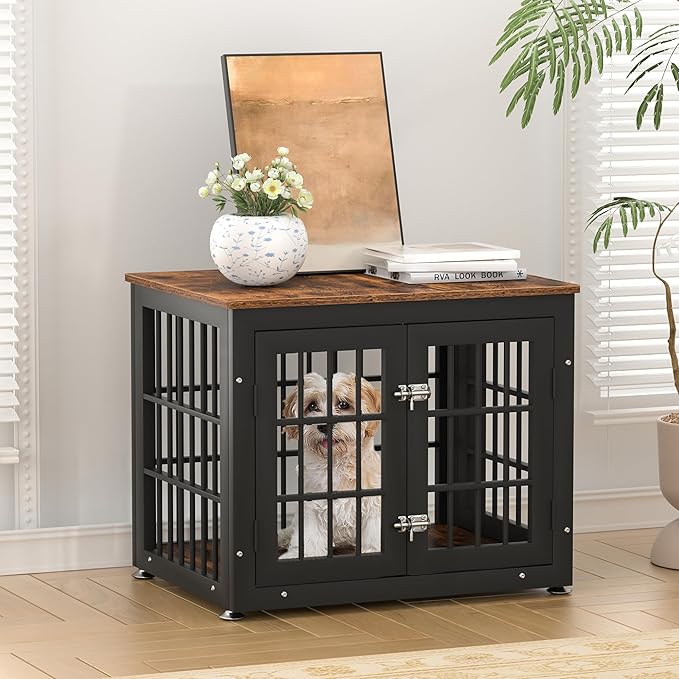 26 Inch Heavy Duty Dog Crate Furniture for Small Dogs, Decorative Pet House End Table, Wooden Cage Kennel Furniture Indoor, Rustic Brown-PurrikoPets