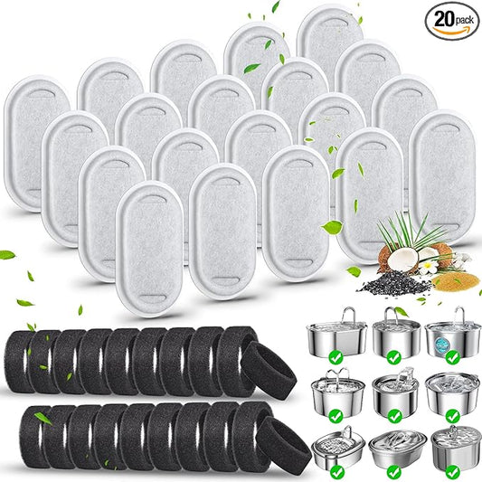 40 Pack Cat Water Fountain Filters-Cat Fountain Replacement Filters for Stainless Steel 108/3.2L& 67oz/2L Adjustable Water Flow Pet Water Fountain(20 Pack Pet Water Filter Refills+20 Pack Sponges)-PurrikoPets