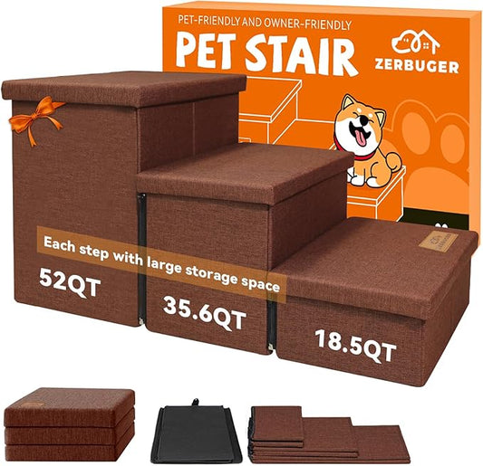 Dog Stairs with Storage 18" H, 3-Step Wider Dog Steps for Small/Medium/Large Old Dogs Cats, Folding Sturdy Pet Stairs Climbing Bed Couch, Ramp for Car Hold Up to 200 lbs (Brown, No Condo)-PurrikoPets