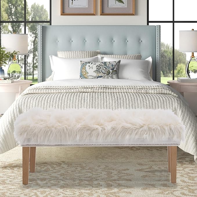 46 Inch White Bedroom Bench, Modern Multi-Purpose Bench with Wooden Legs, Faux Fur Upholstered, 3-Seater, 220 lbs Weight Capacity-PurrikoPets
