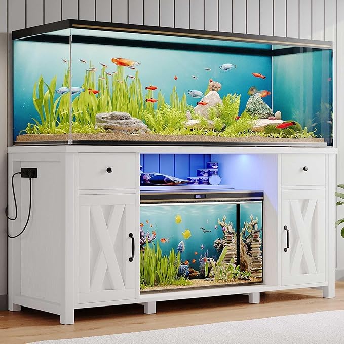 75 Gallon Fish Tank Stand with LED Light & Power Outlets, 55-75 Gallon Aquarium Stand with 2 Drawers & 2 Barn Doors, 52" L x 20" W Cabinet for 2 Fish Tank Accessories Storage, Turtle Tank, White-PurrikoPets
