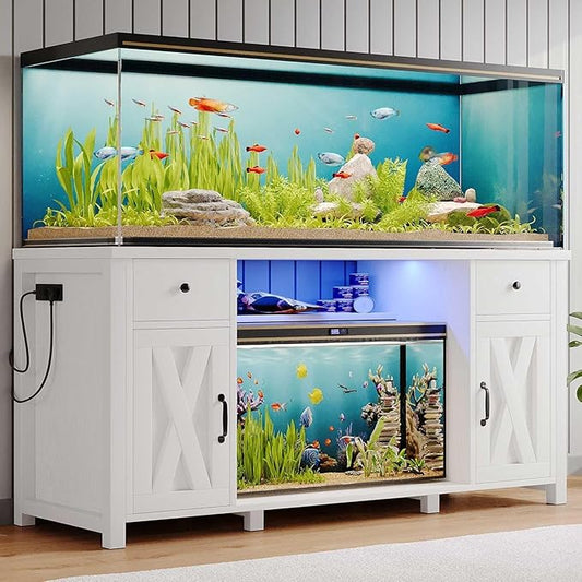 75 Gallon Fish Tank Stand with LED Light & Power Outlets, 55-75 Gallon Aquarium Stand with 2 Drawers & 2 Barn Doors, 52" L x 20" W Cabinet for 2 Fish Tank Accessories Storage, Turtle Tank, White-PurrikoPets
