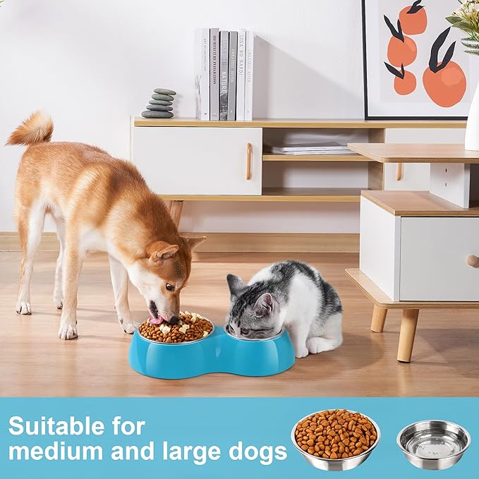 Elevated Dog Bowls Set - Non-Slip Raised Pet Feeder with Medium (2 Cups) & Large (4 Cups) Stainless Steel Bowls - Includes Durable Resin Stand for Puppies, Adult Dogs & Cats - Blue-PurrikoPets