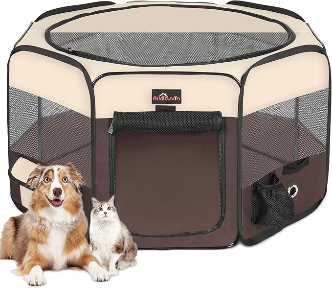 Aivituvin Dog Playpen, Foldable Pet Play Pens with Carrying Bag for Cat, Puppies, Rabbits, Portable Dog Tent Crates Cage for Travel Camping Indoor Outdoor, Removable Shade Cover, Brown S-PurrikoPets