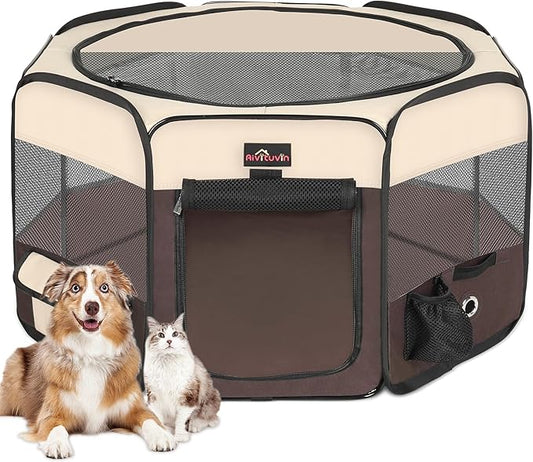 Aivituvin Dog Playpen, Foldable Pet Play Pens with Carrying Bag for Cat, Puppies, Rabbits, Portable Dog Tent Crates Cage for Travel Camping Indoor Outdoor, Removable Shade Cover, Brown S-PurrikoPets