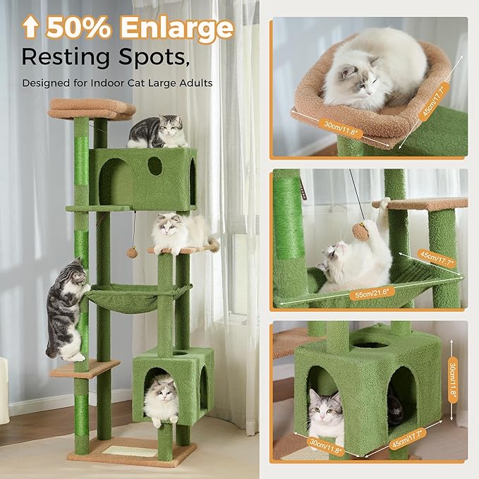 72” Cat Tree for Large Cats Big Cat Tower with Enlarged Hammock 21.6x17.7” Spacious Cats Condo House and Roomy Top Bed and Multiple Scratch Posts for Indoor Adult Cats (Green, XLarge-72)-PurrikoPets
