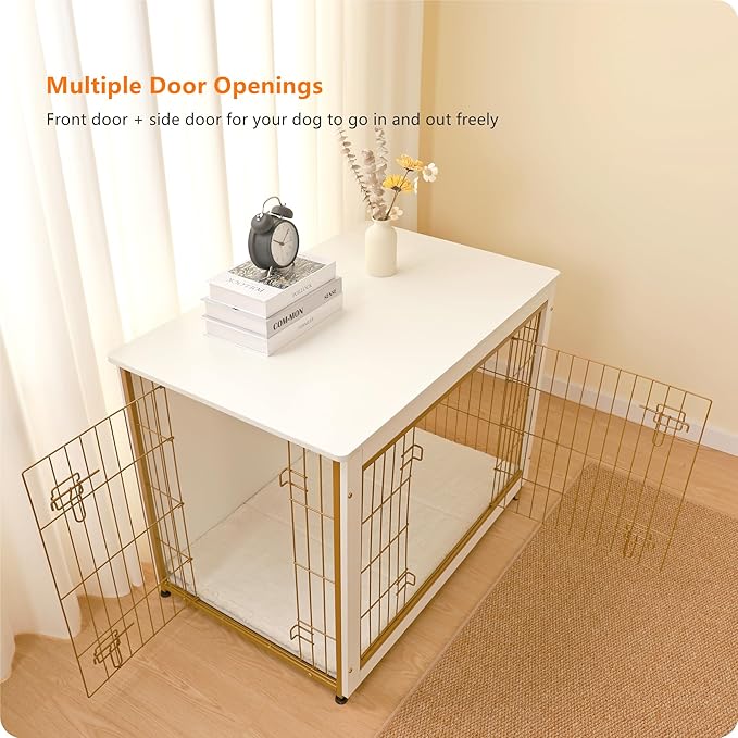 DWANTON Dog Crate Furniture with Cushion, Wooden Kennel Table with Double Doors, Indoor Dog House, Large Size, 38.5" L, White-PurrikoPets