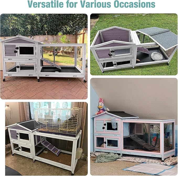 62" Rabbit Hutch with Chew-Proof Ramp & Waterproof Roof - Indoor/Outdoor Bunny Cage, 2-Story Design, 6 Lockable Caster Wheels & Dual Pull-Out Trays (Grey)-PurrikoPets