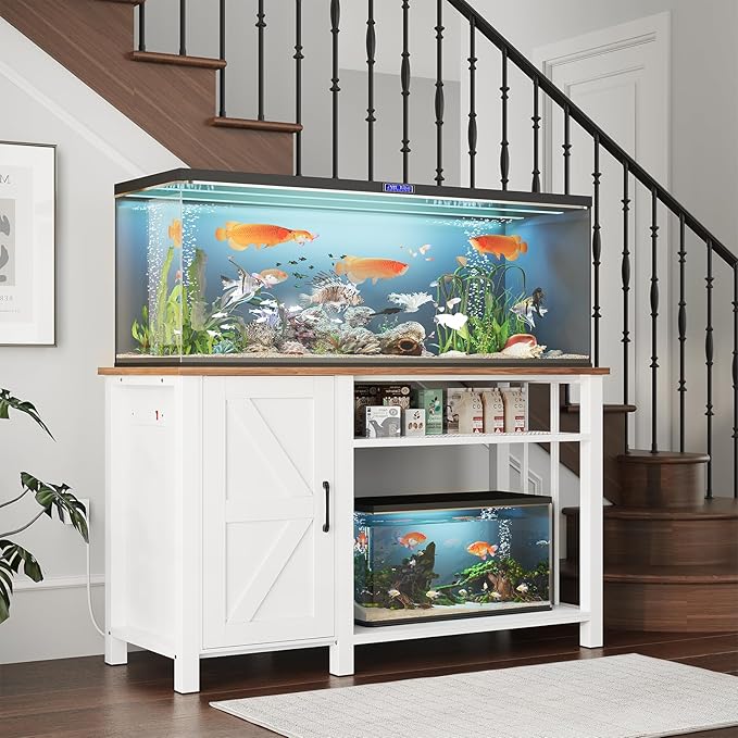 55-75 Gallon Fish Tank Stand with Power Outlet & Adjustable Shelf, Heavy Duty Aquarium Stand with Cabinet Storage for Fish Tank, Turtle Tank, Reptile Terrarium, 1000LBS Capacity, White-PurrikoPets