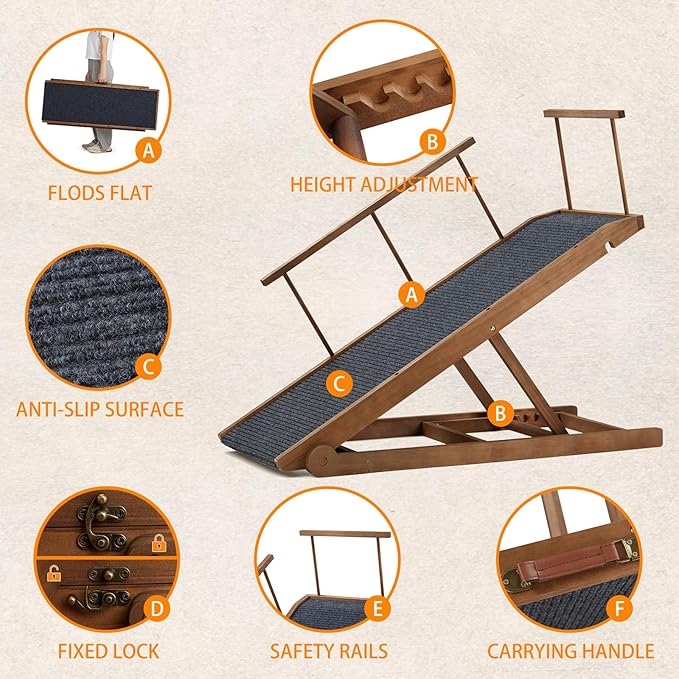 Dog Ramp for Bed, Pet Steps Stairs for Small and Large Dog Portable for Bed, Couch, Car, Height Adjustable, Anti-Slip Traction Mat, Support up to 210 lbs (Black, LENTH-55.1IN)-PurrikoPets