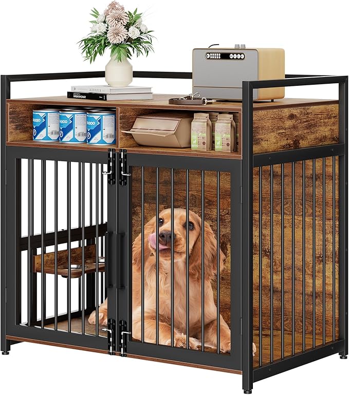 Furniture Style Dog Crate with Storage, 48 Inch Dog Crate Furniture with Double Doors, 2 Stainless Steel Bowls, Dog Crate Furniture-Style Crate for Large/Medium Dog-PurrikoPets