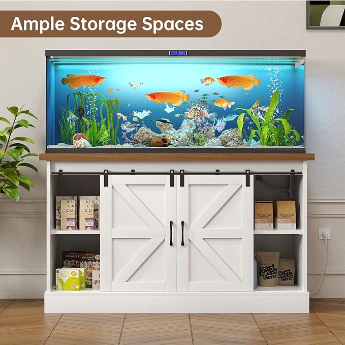 55-75 Gallon Fish Tank Stand with Sliding Barn Doors & Power Outlet, Heavy Duty Aquarium Stand with Cabinet Storage for Fish Tank, Turtle Tank, Reptile Terrarium, 1000LBS Capacity, White-PurrikoPets