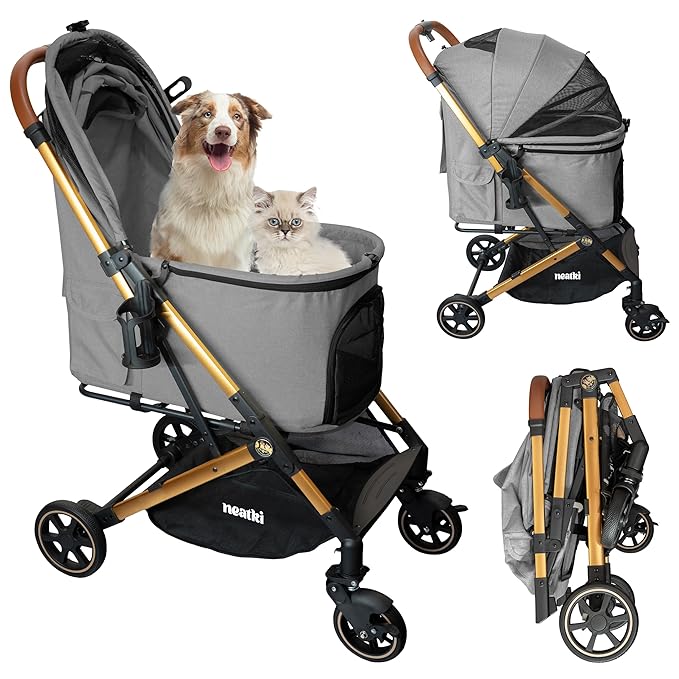 Foldable Pet Stroller for Dogs and Cats, 33 lbs Capacity, 360° Swivel Front Wheels, One-Click Fold, Brake System, Leash & Lock Clips, Removable Washable Padding, and Cup Holder (Gray, 33 lbs)-PurrikoPets