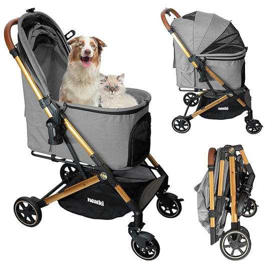 Foldable Pet Stroller for Dogs and Cats, 33 lbs Capacity, 360° Swivel Front Wheels, One-Click Fold, Brake System, Leash & Lock Clips, Removable Washable Padding, and Cup Holder (Gray, 33 lbs)-PurrikoPets