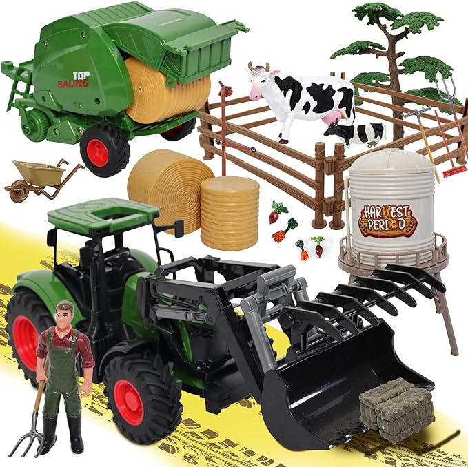 Farm Tractor Toys Set Bale Haying Round Baler with Barn Farmer,Cow,Farm Tools,Tree Farm Tractor Pla yset for Kids Toddler Boys Girls Ages 3-7 Years-PurrikoPets