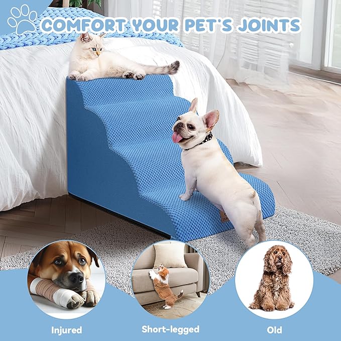 Dog Ramp and Stair for Bed 16" H-20 H,3-Step Cat Stair for Sofa and Chair,4-Step Dog Ramp for High Bed and Window,Durable Nonslip Fabric Cover for Indoor (Blue-20“H, Pet Friendly, 4)-PurrikoPets