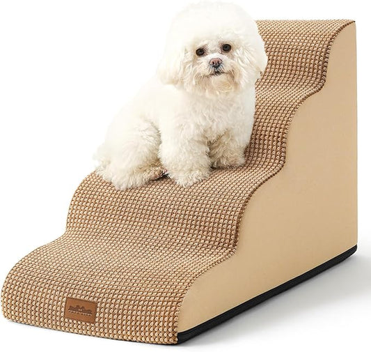 Dog Stairs for Small Dogs 19.7" H, Curved Dog Step for Puppy, Older or Cat, Medium Pet Ramp for Sofa, Couch or Bed, Ladder with High Density Foam, 15.7x28.3x19.7 inch, 4 Step, Light Brown-PurrikoPets