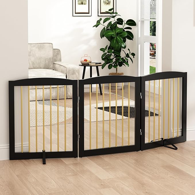 Freestanding Pet Gate for Dogs, Foldable Wooden Dog Gate for House, Indoor Dog Gate for Doorways, Stairs, Step Over Pet Puppy Safety Fence, Support Feet Included,24" Height 3 Panels,Black&Gold-PurrikoPets