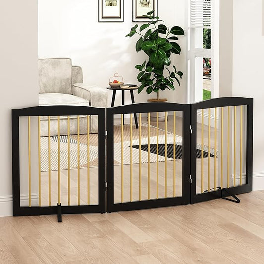 Freestanding Pet Gate for Dogs, Foldable Wooden Dog Gate for House, Indoor Dog Gate for Doorways, Stairs, Step Over Pet Puppy Safety Fence, Support Feet Included,24" Height 3 Panels,Black&Gold-PurrikoPets