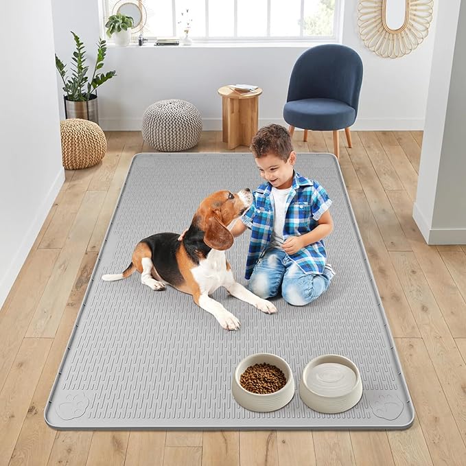 Dog Food Mat, Extra Large 50" x 35" Silicone Pet Feeding Mat with Raised Edge Pet Placemat for Small, Medium, and Large Pets Non-Slip, Easy to Clean (Grey)-PurrikoPets