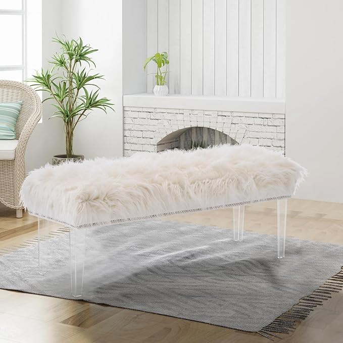 46 Inch White Bedroom Bench, Benches for Bedroom White Faux Fur Upholstered Bed end Bench, Tufting Ottoman Bench Indoor Bench with Acrylic Legs for Living Room Bedroom Entryway-PurrikoPets