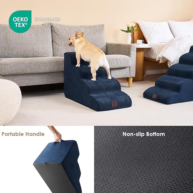 EHEYCIGA Curved Dog Stairs Ramp for High Beds 19.7" H, 4-Step Dog Steps for Small Dogs and Cats, Pet Stairs for High Bed Climbing, Non-Slip Balanced Pet Step Indoor, Navy-PurrikoPets