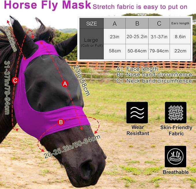 2 Piece Horse Fly Mask with Ears, Comfortable Fit Stretch Fabric Big Eye Space Soft Breathable with UV Protection for Full Horses (Purple-Gray)-PurrikoPets