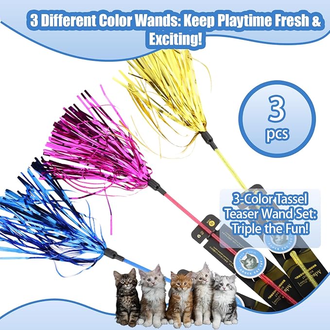ADUCK Interactive Cat Teaser Wand Toy with Tassels - Durable Cat Chaser for Indoor Kitten Exercise, Boredom Relief & Training Play, Pack of 3 (Gold, Blue, Pink)-PurrikoPets