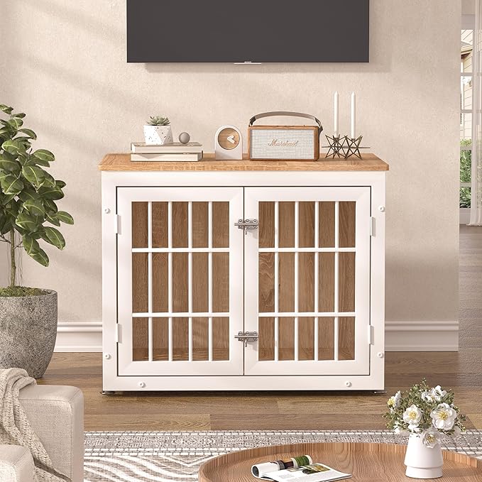 32" Heavy Duty Dog Crate Furniture for Small and Medium Dogs, Metal Kennel for High Anxiety Dogs, Chew Proof Pet Cage Indoor, Decorative Dog Kennel End Table, White-PurrikoPets
