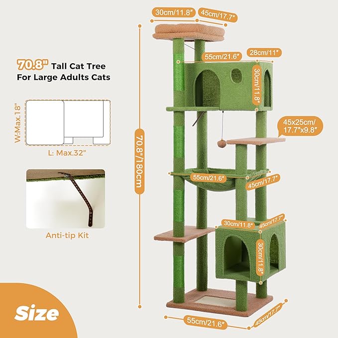 72” Cat Tree for Large Cats Big Cat Tower with Enlarged Hammock 21.6x17.7” Spacious Cats Condo House and Roomy Top Bed and Multiple Scratch Posts for Indoor Adult Cats (Green, XLarge-72)-PurrikoPets