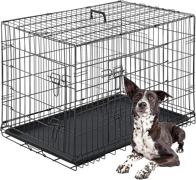 FDW Dog Crate for Large Dogs 42 Inch Folding Metal WirePet Cage Double Door W/Divider Panel Indoor Outdoor Kennel Leak-Proof Plastic Tray,Black-PurrikoPets