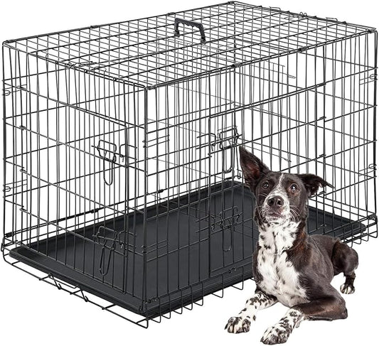 FDW Dog Crate for Large Dogs 42 Inch Folding Metal WirePet Cage Double Door W/Divider Panel Indoor Outdoor Kennel Leak-Proof Plastic Tray,Black-PurrikoPets