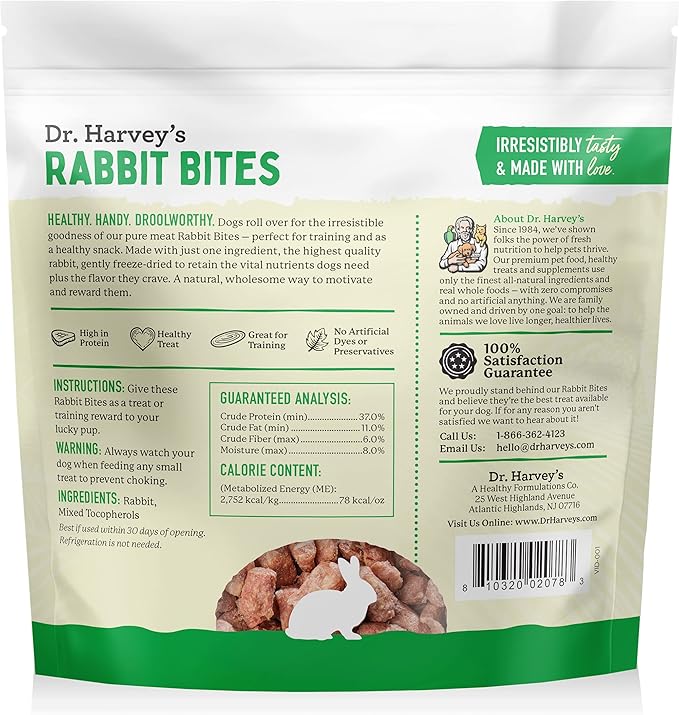 Dr. Harvey's Rabbit Bites Freeze-Dried Raw Dog Treats - Single Ingredient, All-Natural Rabbit Meat Protein for Dogs, Allergen-Free - 7 Ounces (3 Pack)-PurrikoPets