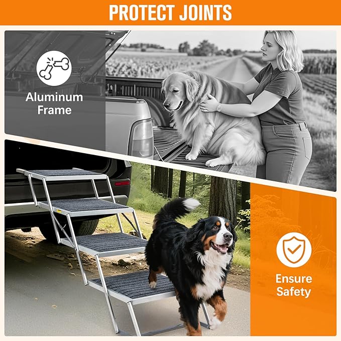 20" Extra Wide Dog Ramp, 4-Step Foldable Pet Stairs with Non-Slip Carpet - Lightweight Aluminum for SUV/Truck/Car & High Beds - Supports Large Dogs up to 200Lbs-PurrikoPets