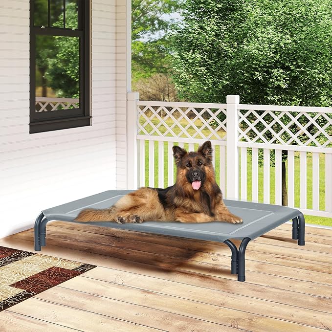 Elevated Dog Bed Raised Outdoor Dog Cot for Medium Dogs, Installation Requires No Tools, Frame with Washable Cooling Breathable Mesh Anti-Slip Feet, Indoor Pet Bed, Grey, 35.4 Inches-PurrikoPets