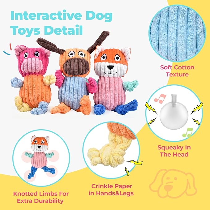 3pcs Dog Squeaky Toys, Plush Stuffed Puppy Chew Toy for Extended Play, Interactive Toys Gifts for Small Medium Large Chewer Dogs, Pet Toy Bulk to Keep Them Busy(Dog&Fox&Pig)-PurrikoPets