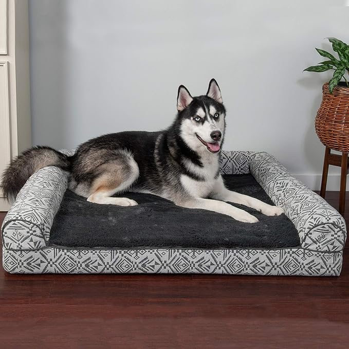Furhaven Orthopedic Dog Bed for Large Dogs w/ Removable Bolsters & Washable Cover, For Dogs Up to 95 lbs - Plush & Southwest Kilim Woven Decor Sofa - Boulder Gray, Jumbo/XL-PurrikoPets