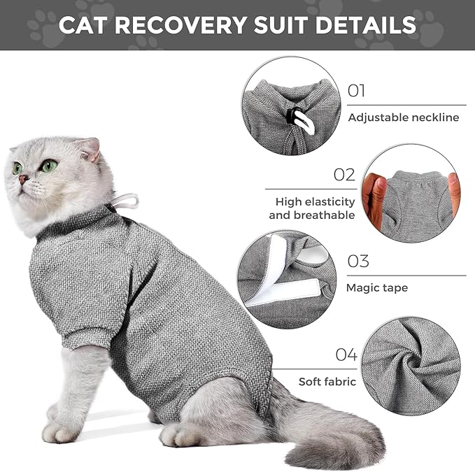 Dotoner Cat Surgery Recovery Suit for Female Male Anti-Licking Pet Surgical Pajamas Long Sleeve Prevent Shedding Cat Spay Recovery Suit&E Collar Alternative Bodysuit for Cats-PurrikoPets