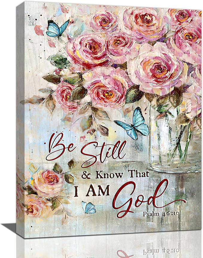 Farmhouse Rose Wall Art Christian Scripture Pictures Pink Rose Wall Decor Rustic Floral Butterfly Canvas Print Painting Artwork for Bathroom Living Room Bedroom 12"x16"-PurrikoPets