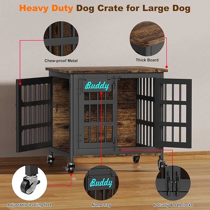 EasyCom Heavy Duty Dog Kennel Indoor with Name Tag, 27" Dog Crate Furniture for Small Dogs, Double-Doors Sturdy Metal Dog Cage for Anxiety Dog-PurrikoPets