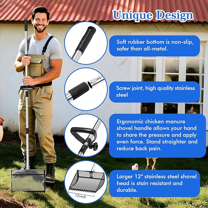 12 Inch Chicken Poop Scooper & Rake 2-in-1, Large Metal Shovel Head, Rubber Handle Stainless Steel Chicken Litter Scoop for Chicken Coops, Litter Screening Scoop (35 to 65in) US Patent Pending (Black)-PurrikoPets