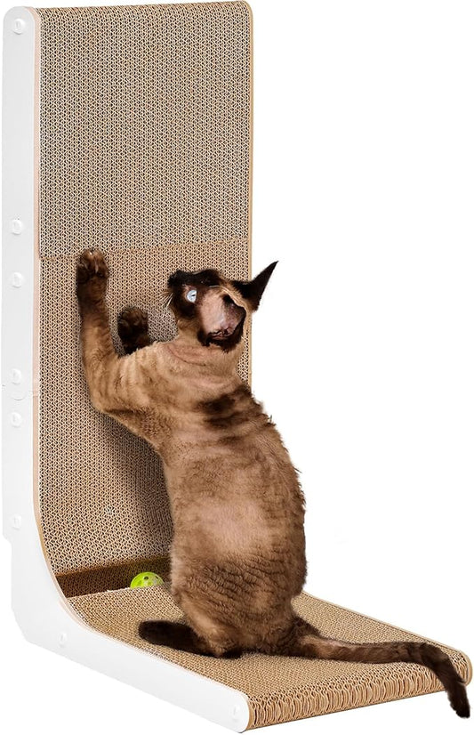 EHEYCIGA Cardboard Cat Scratcher for Indoor Cats, 26.8 Inch L Shaped Vertical Cat Scratching Board with Ball Cat Toy, Large Cat Scratcher Pad, White-PurrikoPets