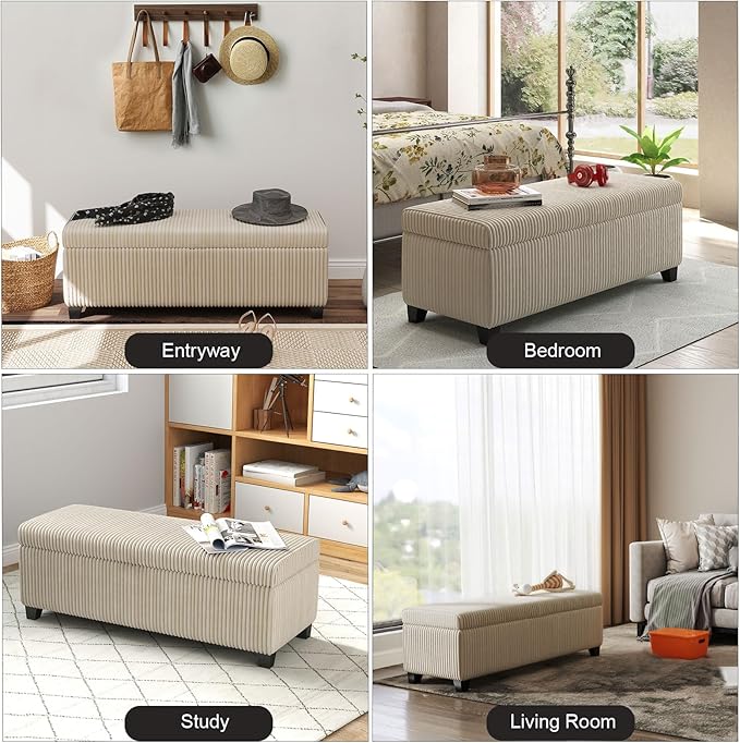 48" Ottoman with Storage, Corduroy Storage Ottoman Bench for Bedroom, End of Bed Bench with Safety Hinge for Living Room, Bedroom, Entryway, Beige-PurrikoPets