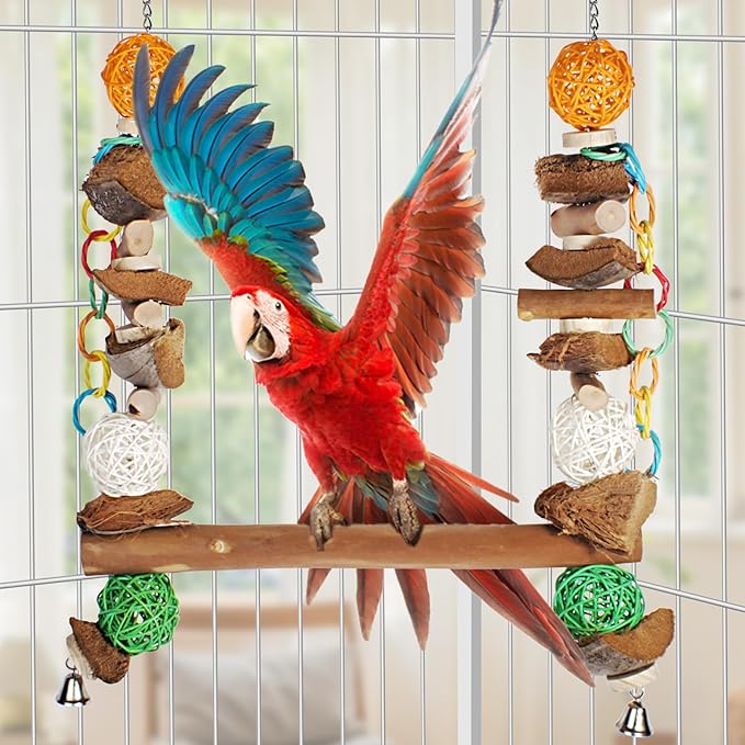 3-in-1 Parrot Toys Natural Coconut Fiber Parrot Hammock (Swing + Perch + Chew Toy) Natural Bird Perches for Medium Large Birds - 23" Bird Toys for Parrots Stand-PurrikoPets